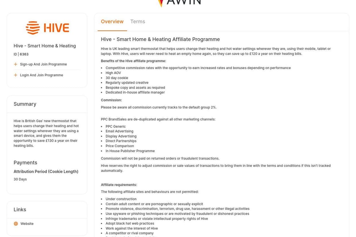 Hive UK affiliate program signup page