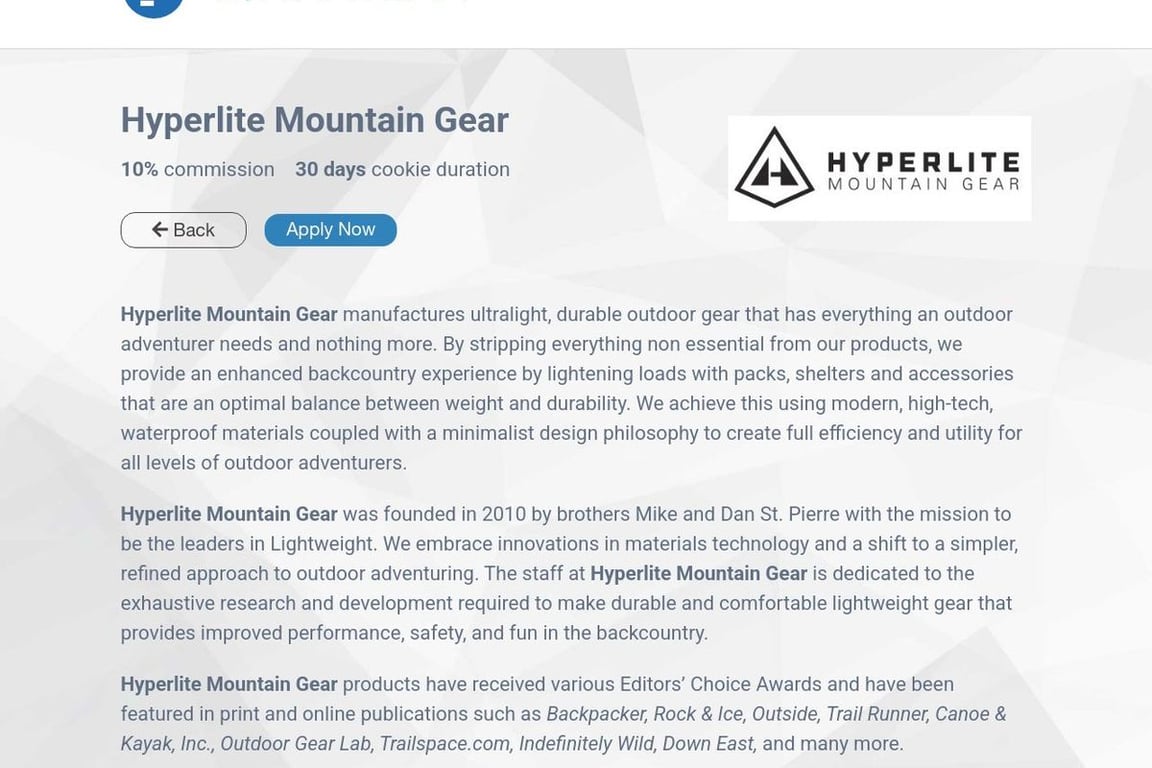 Hyperlite Mountain Gear affiliate program signup page