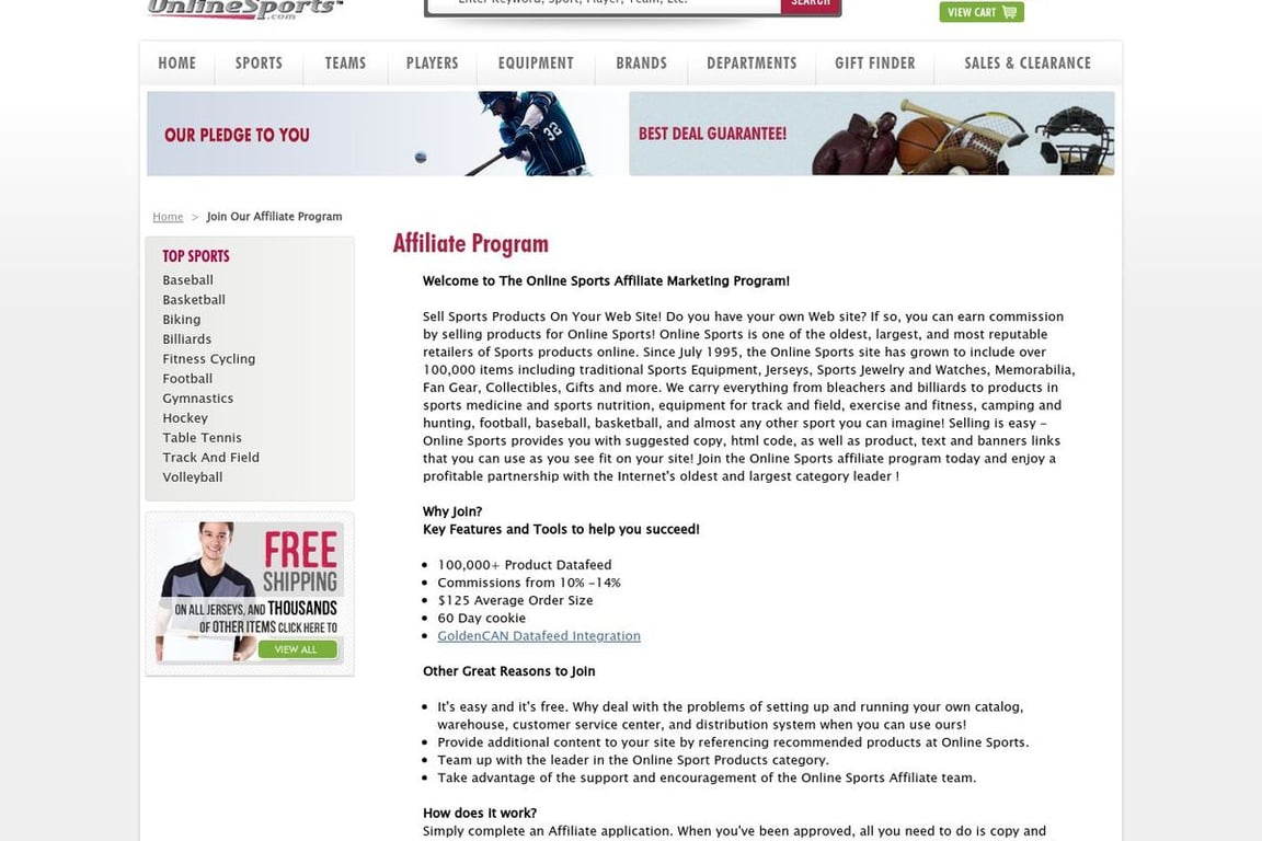 Online Sports affiliate program signup page
