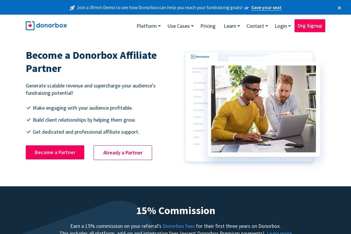 Donorbox affiliate program signup page