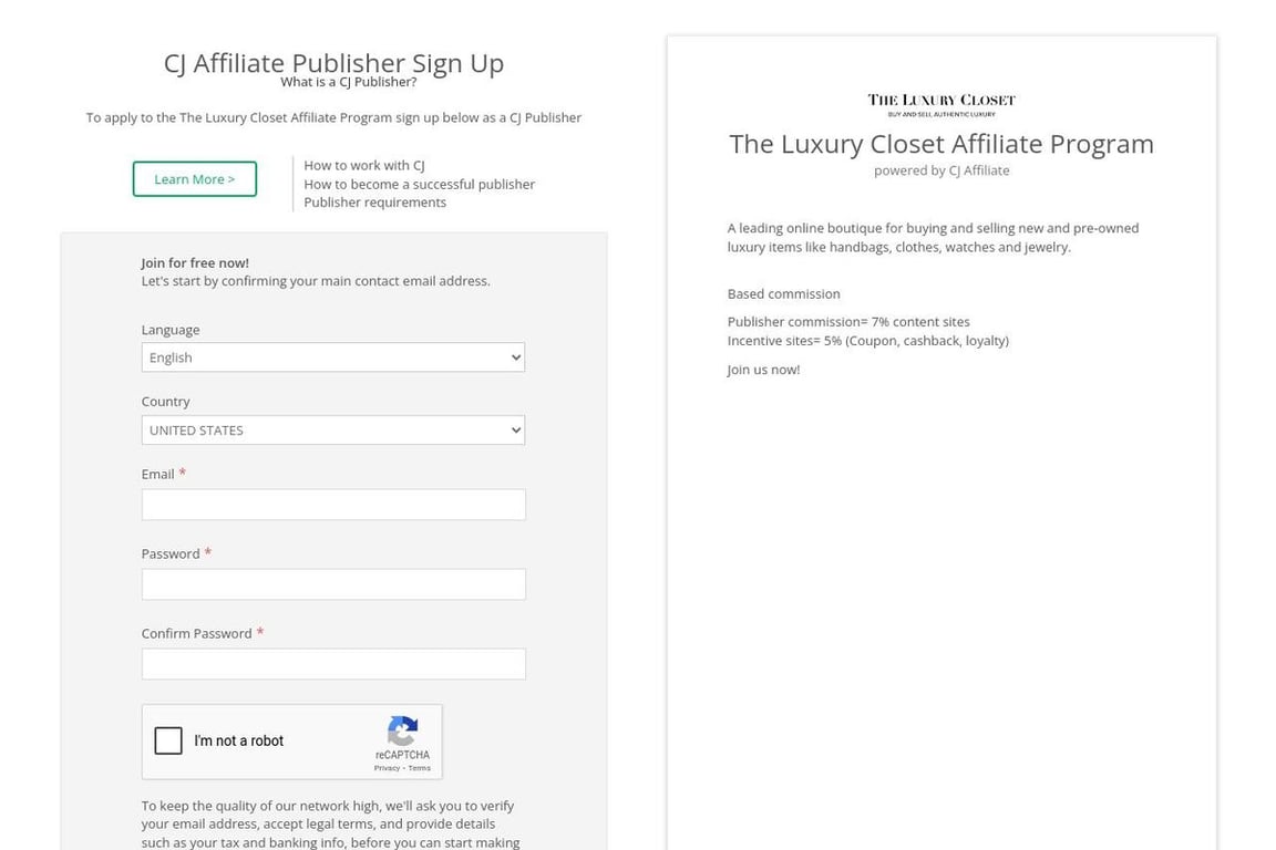 The Luxury Closet affiliate program signup page
