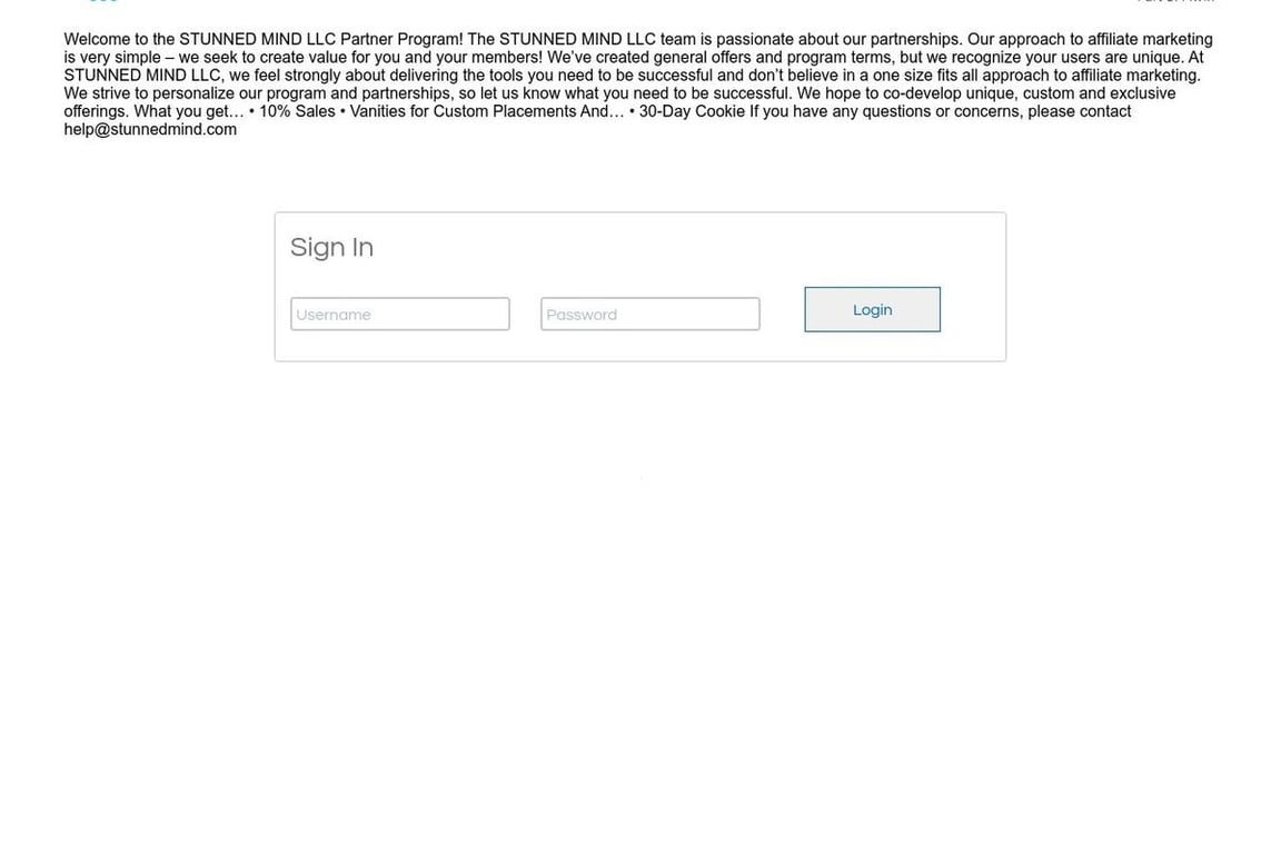 Stunned Mind LLC. affiliate program signup page