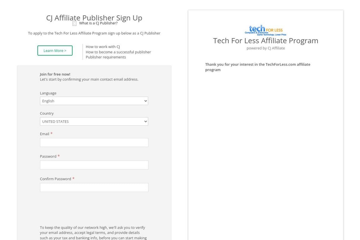 Tech For Less affiliate program signup page