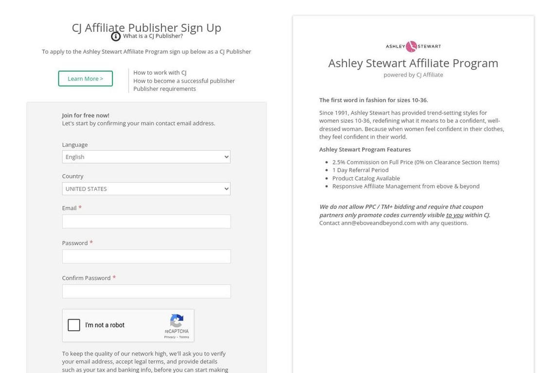 Ashley Stewart affiliate program signup page