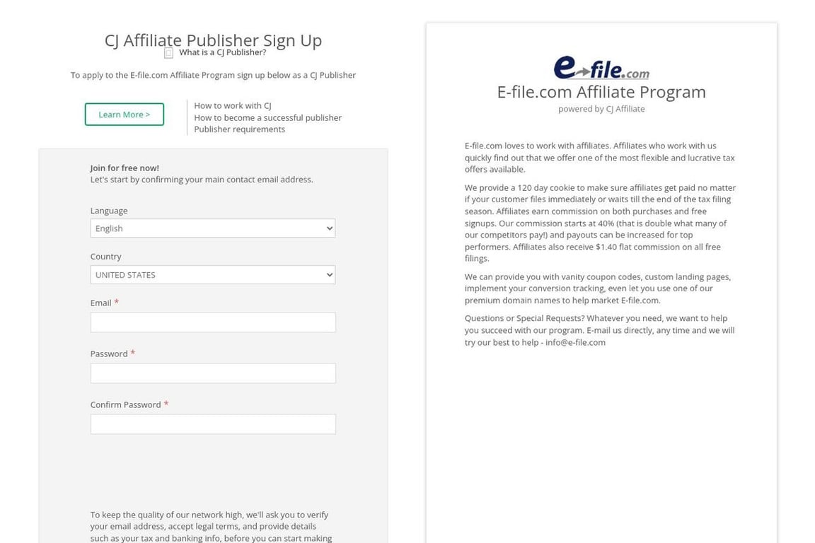 E-file.com affiliate program signup page