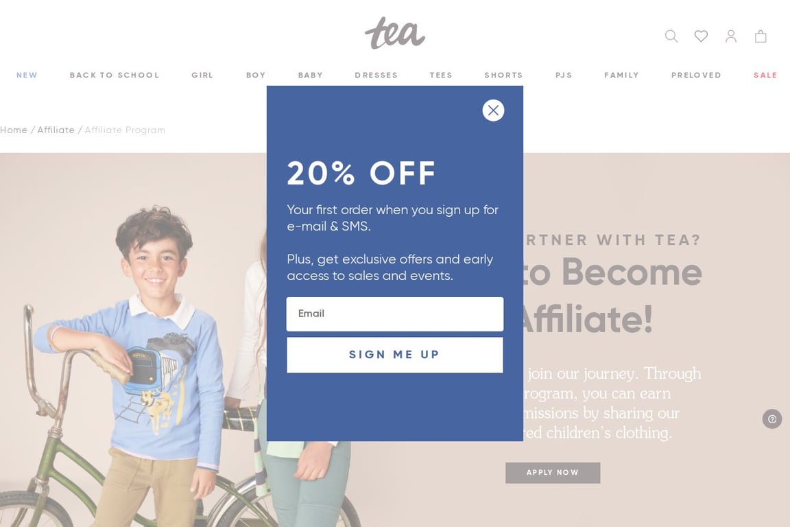 Tea Collection affiliate program signup page