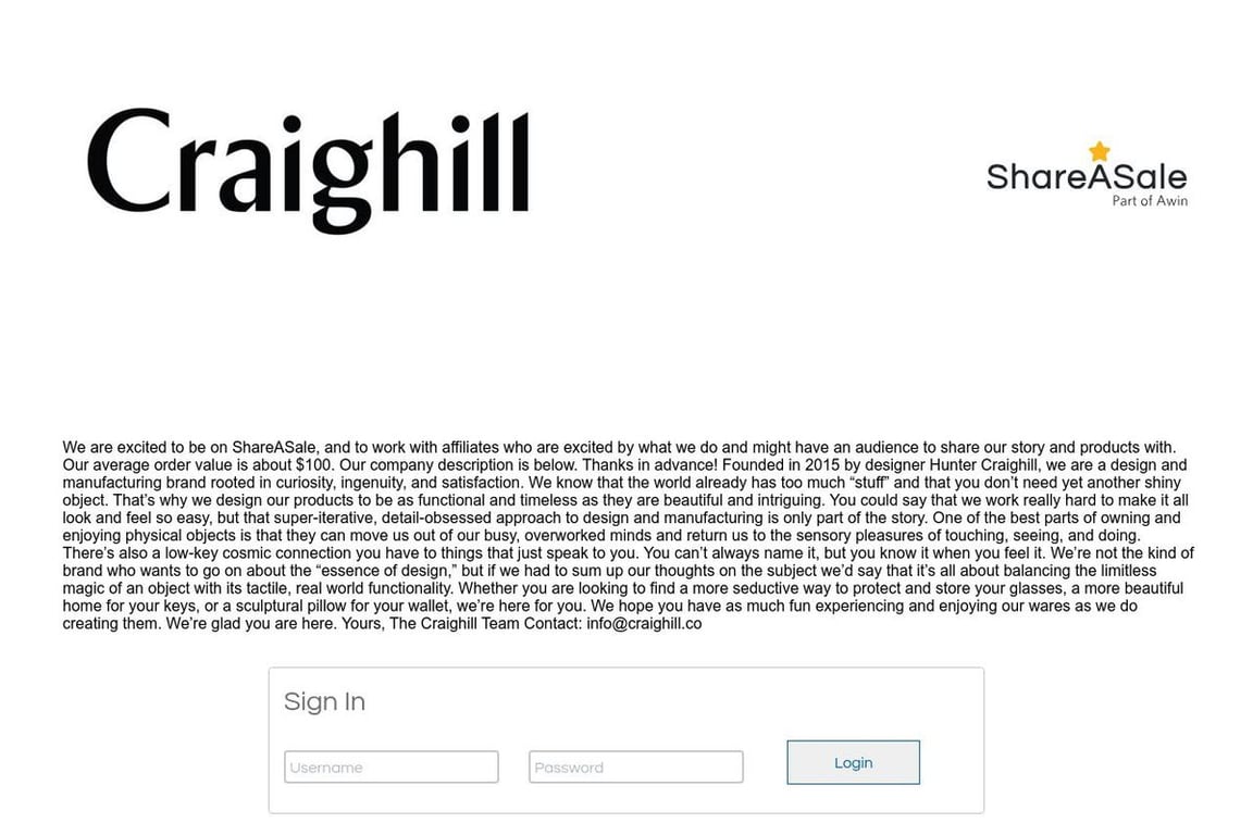 Craighill affiliate program signup page