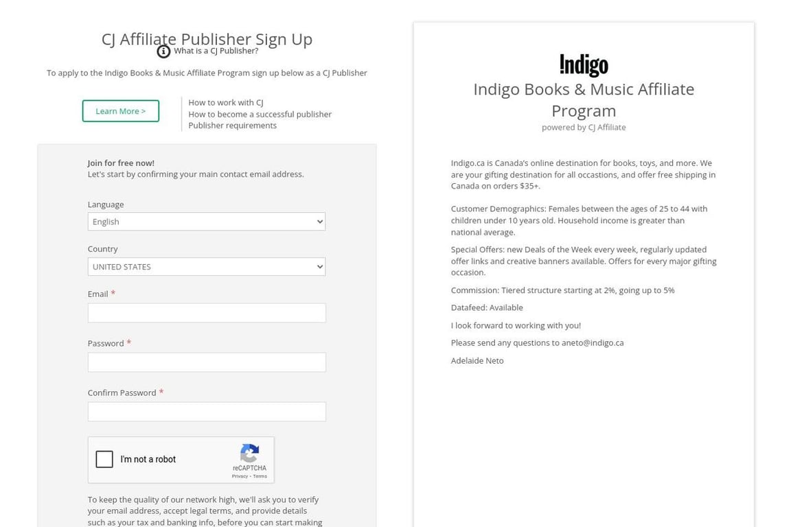 Indigo Books & Music affiliate program signup page