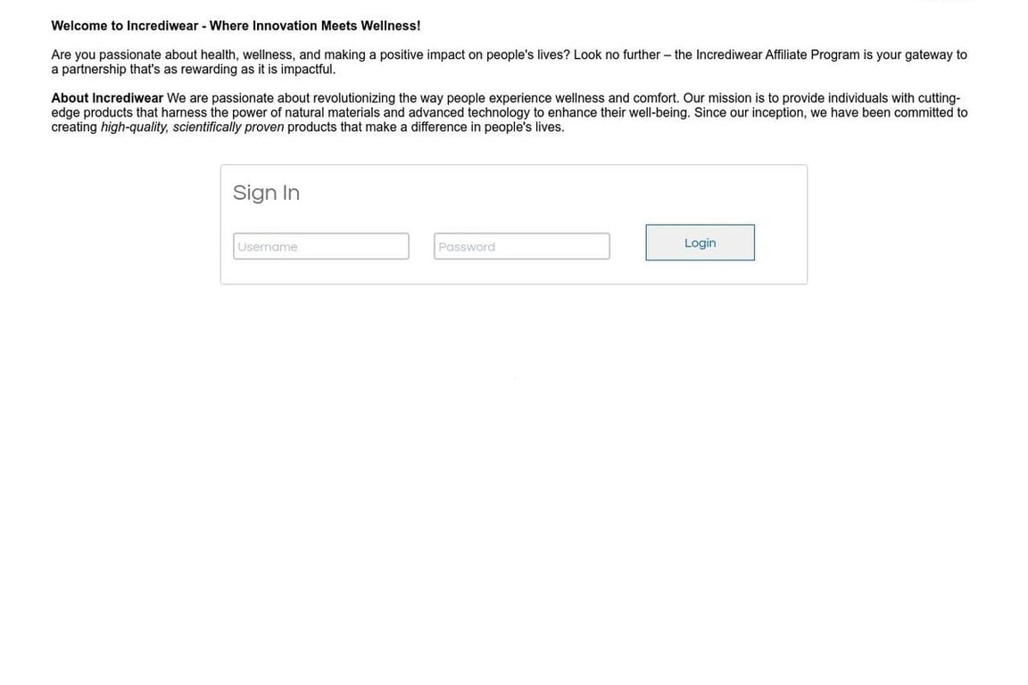 Incrediwear Holdings affiliate program signup page