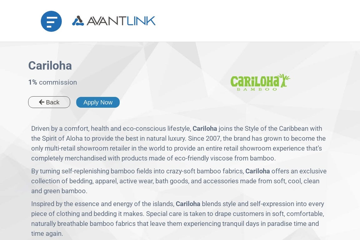 Cariloha affiliate program signup page