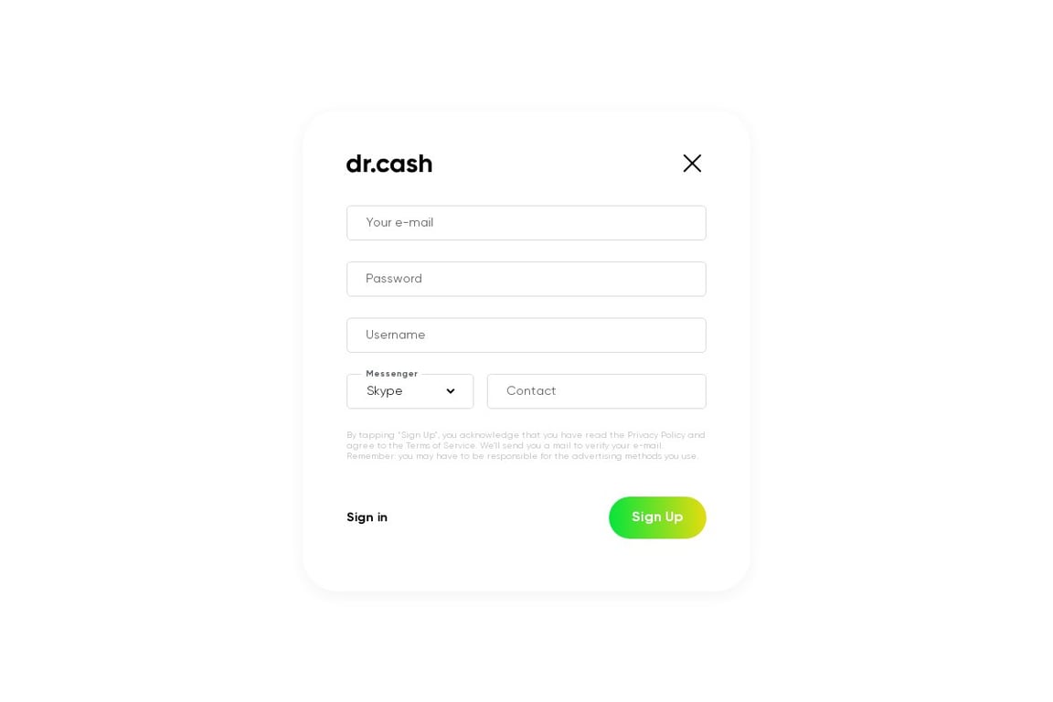 Dr.cash affiliate program signup page