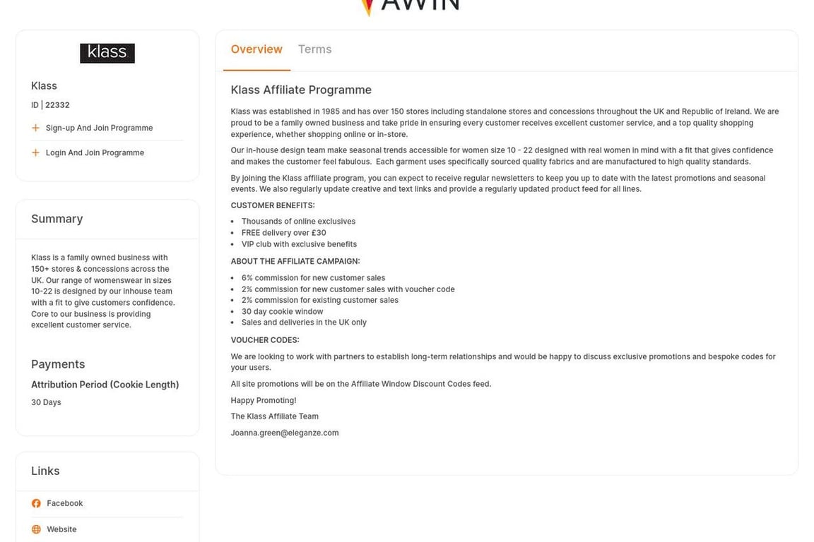 Klass affiliate program signup page