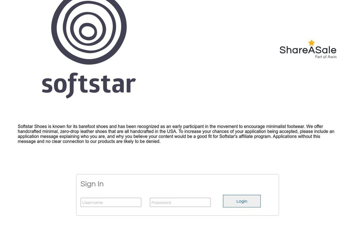 Softstar Shoes affiliate program signup page