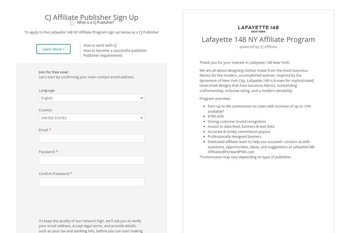 Lafayette 148 NY affiliate program signup page