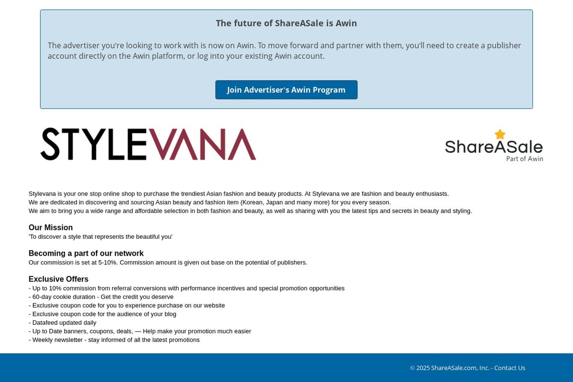 Stylevana (US) affiliate program signup page