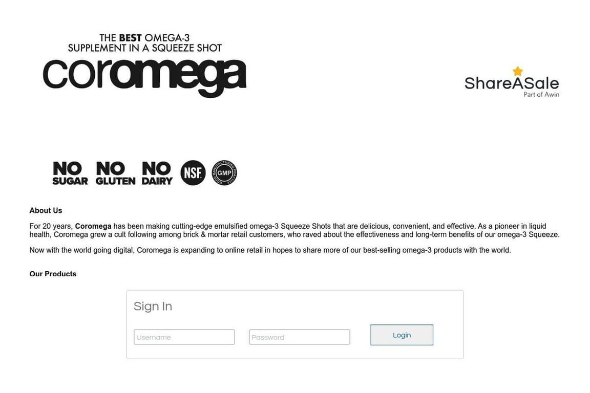 Coromega affiliate program signup page