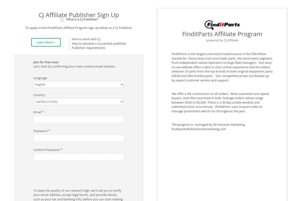 FinditParts affiliate program signup page