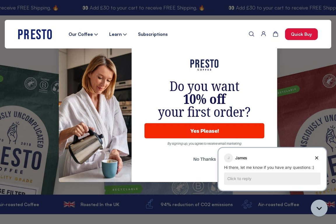 Presto Coffee homepage