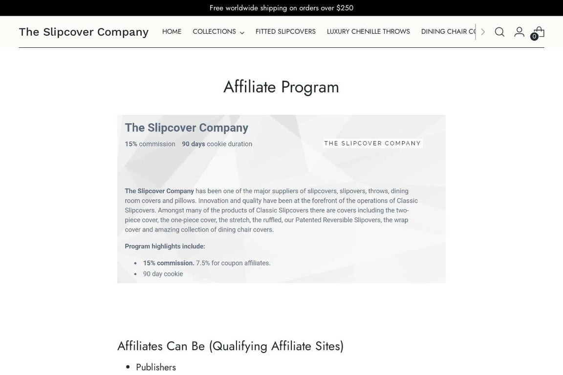 The Slipcover Company affiliate program signup page