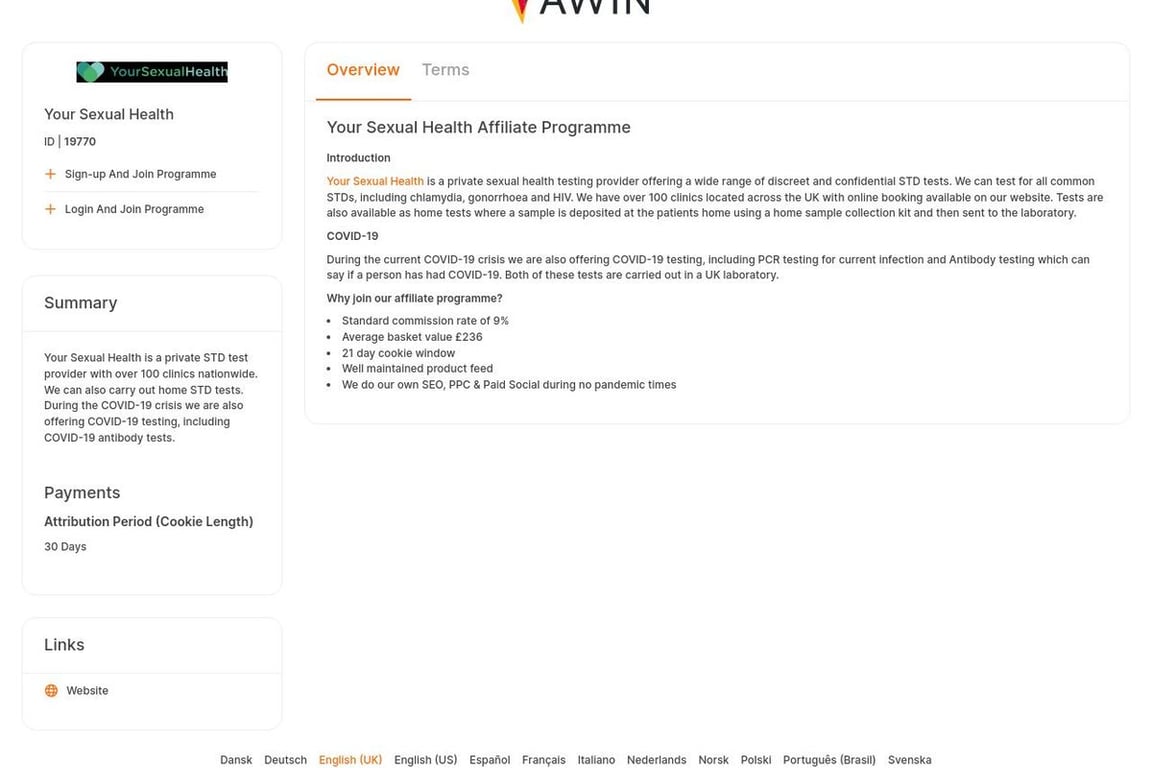Your Sexual Health affiliate program signup page