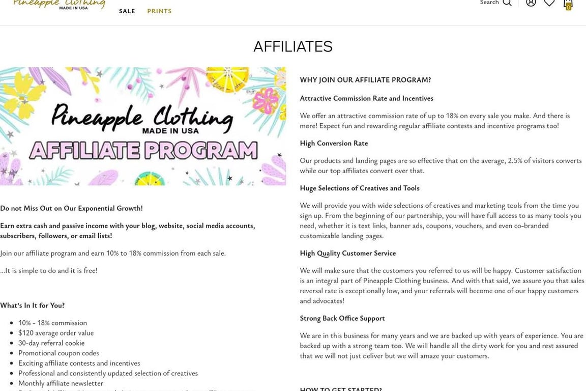 Pineapple Clothing affiliate program signup page