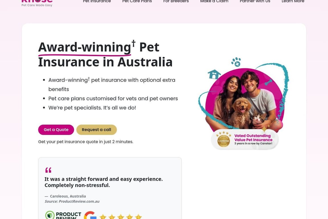 Knose Pet Insurance AU homepage