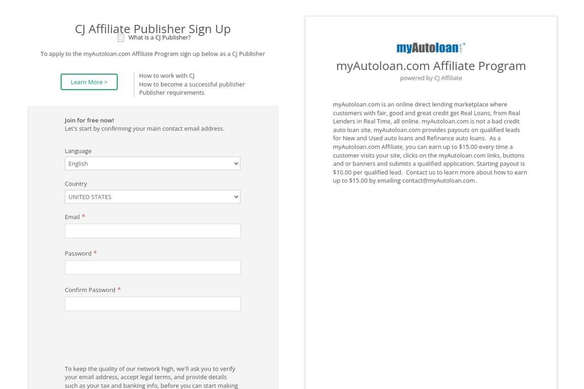 MyAutoloan.com affiliate program signup page