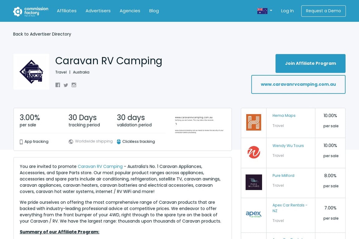 Caravan RV Camping affiliate program signup page