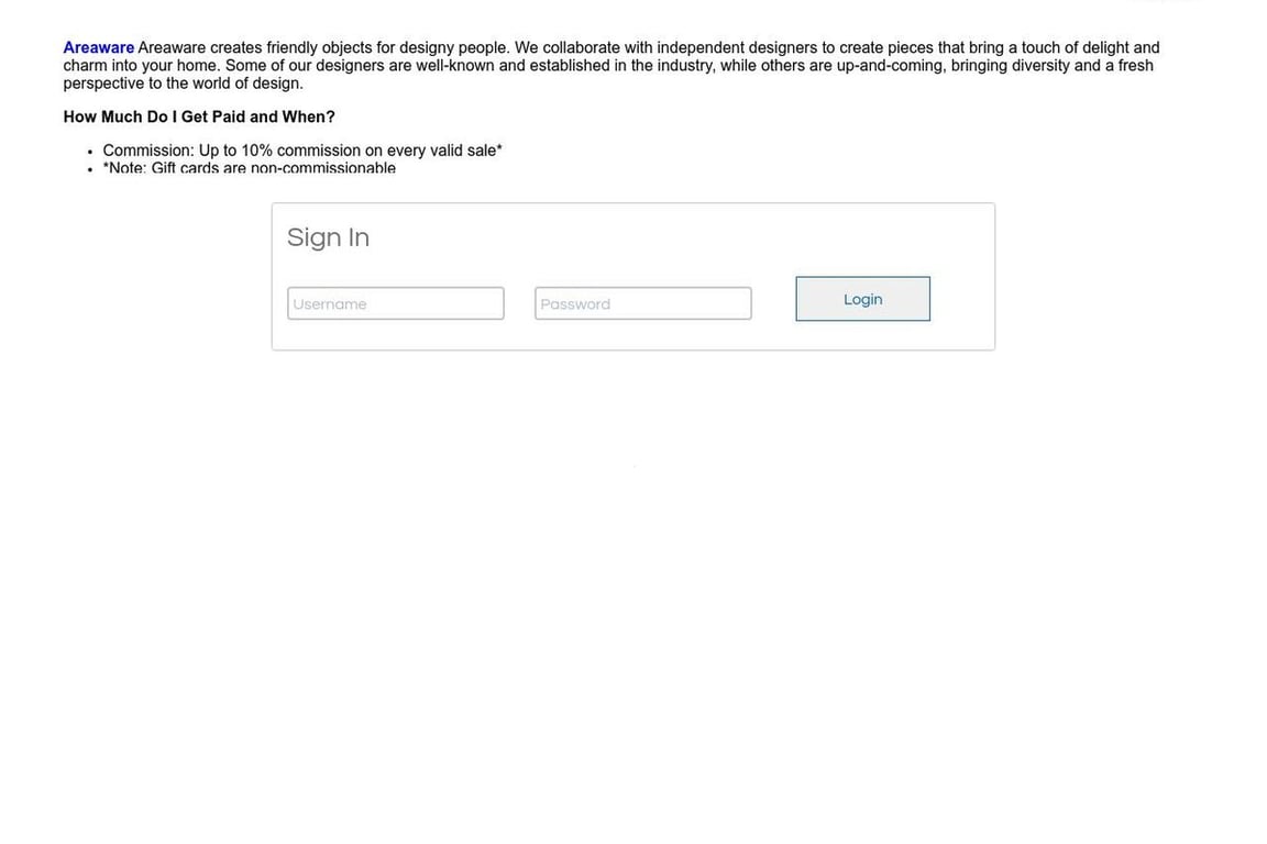 Areaware affiliate program signup page