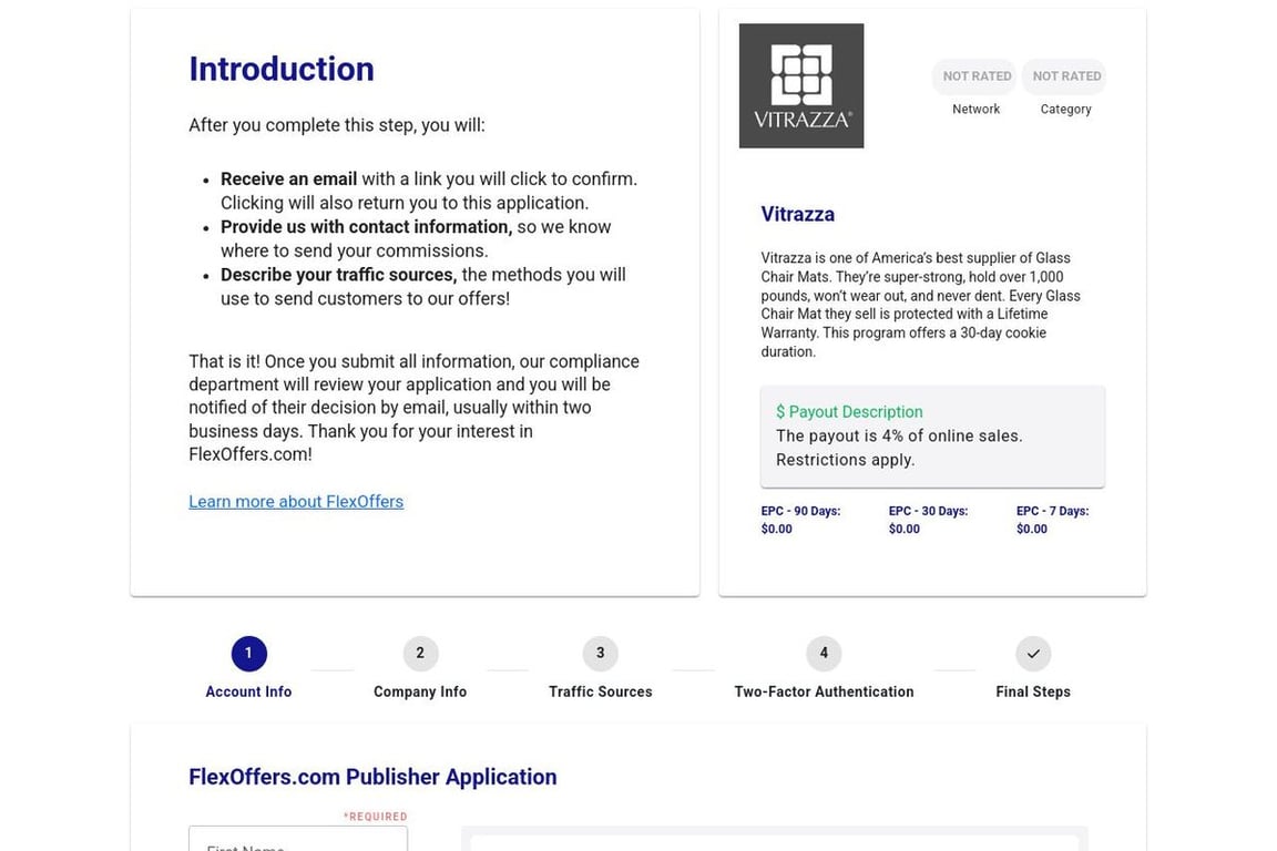 Vitrazza affiliate program signup page