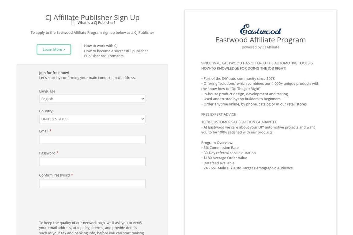 Eastwood affiliate program signup page