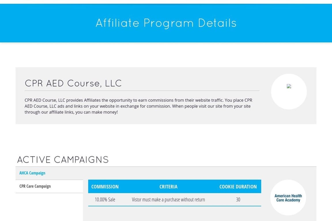 CPR AED Course affiliate program signup page