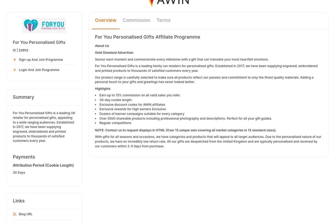 For You Personalised Gifts affiliate program signup page