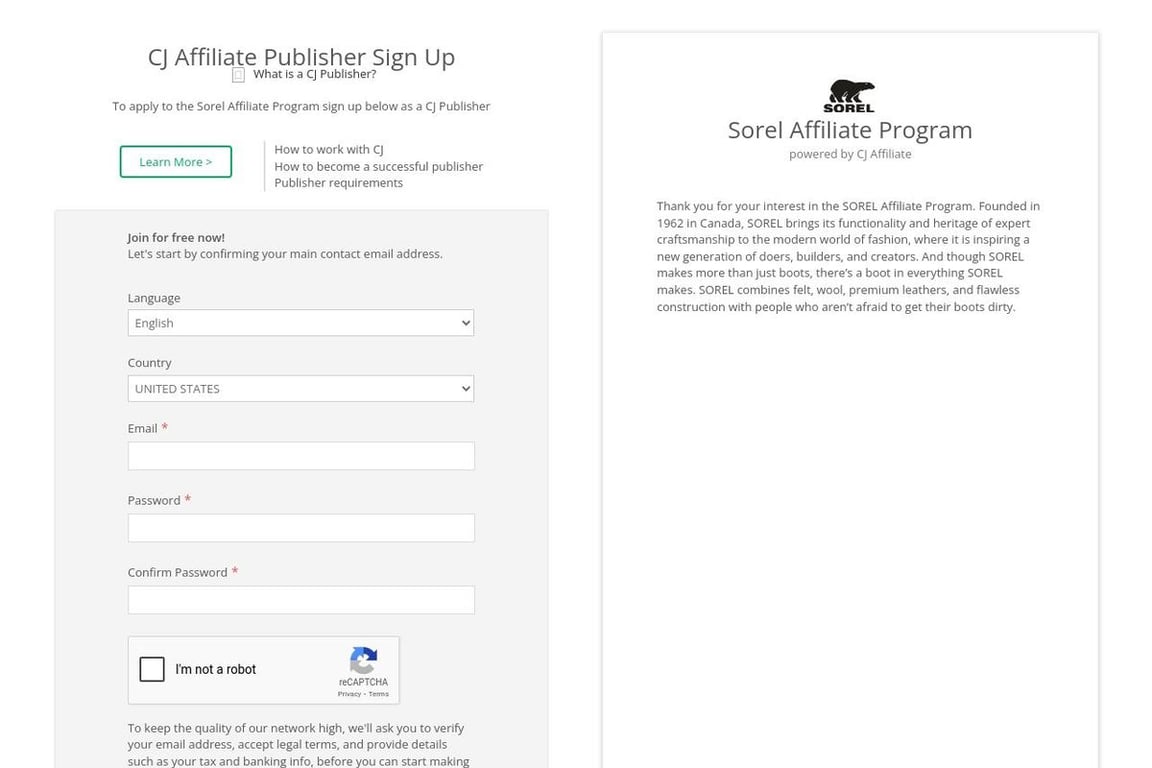 Sorel affiliate program signup page