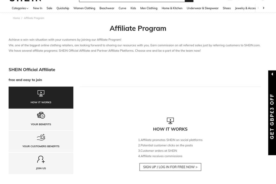 SHEIN UK affiliate program signup page