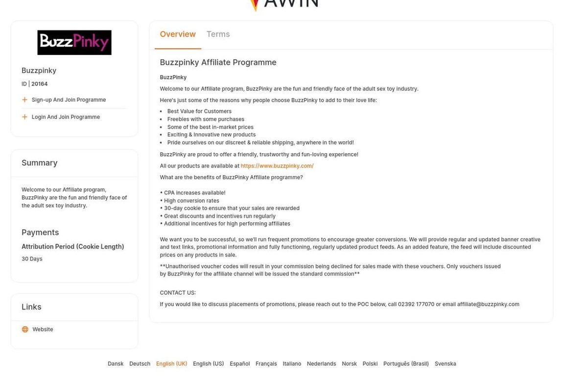 Buzzpinky affiliate program signup page