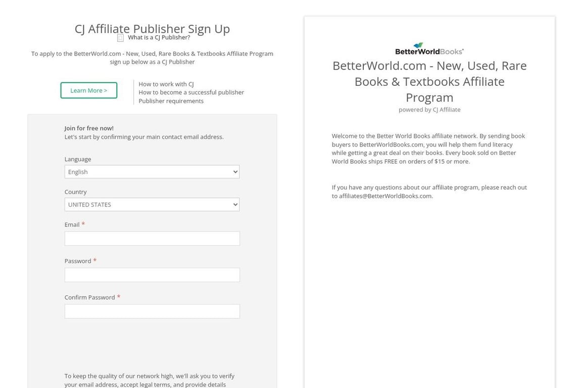 Better World Books affiliate program signup page