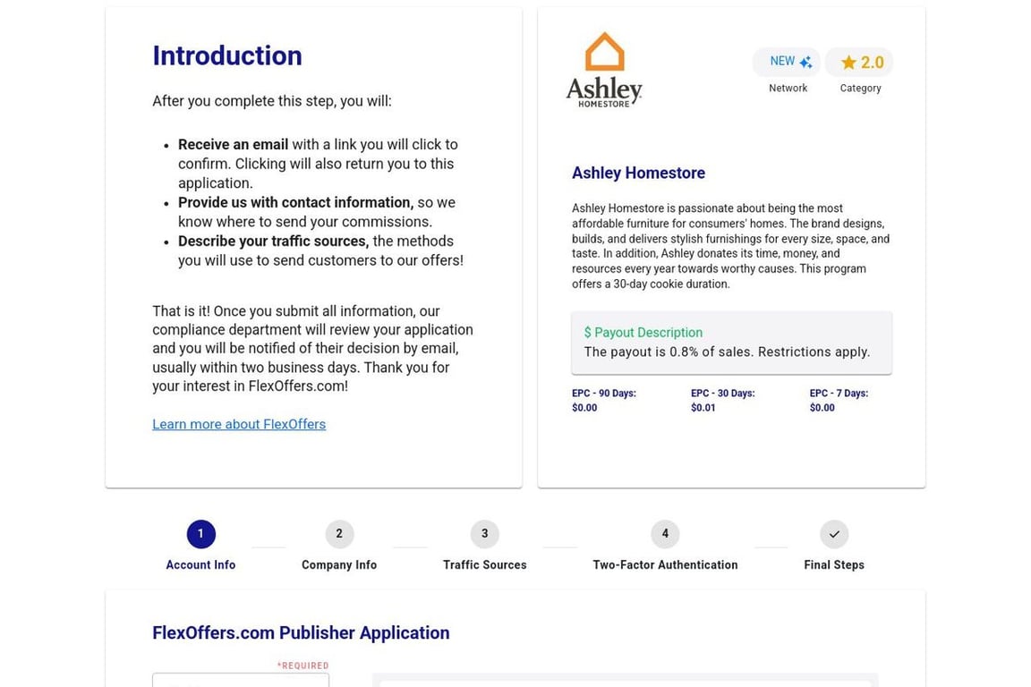 Ashley Homestore affiliate program signup page