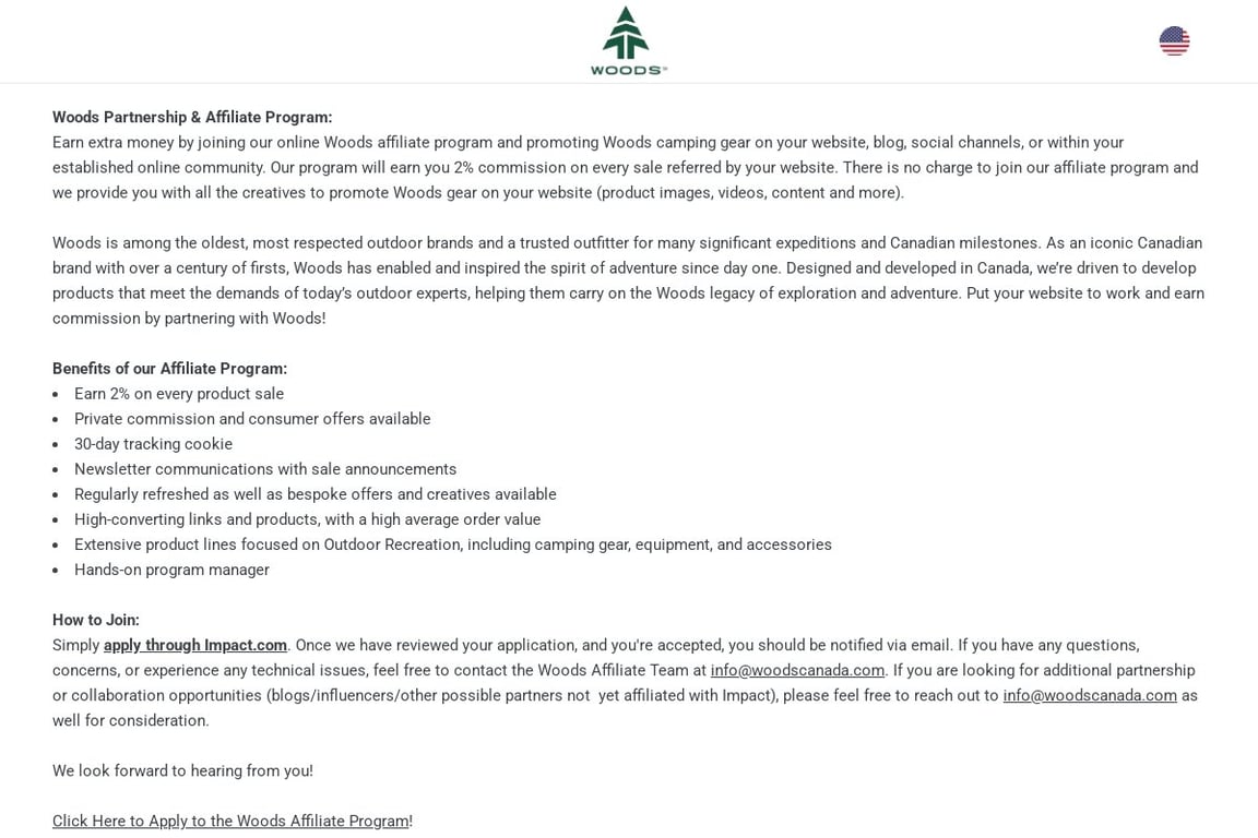 Woods Canada affiliate program signup page