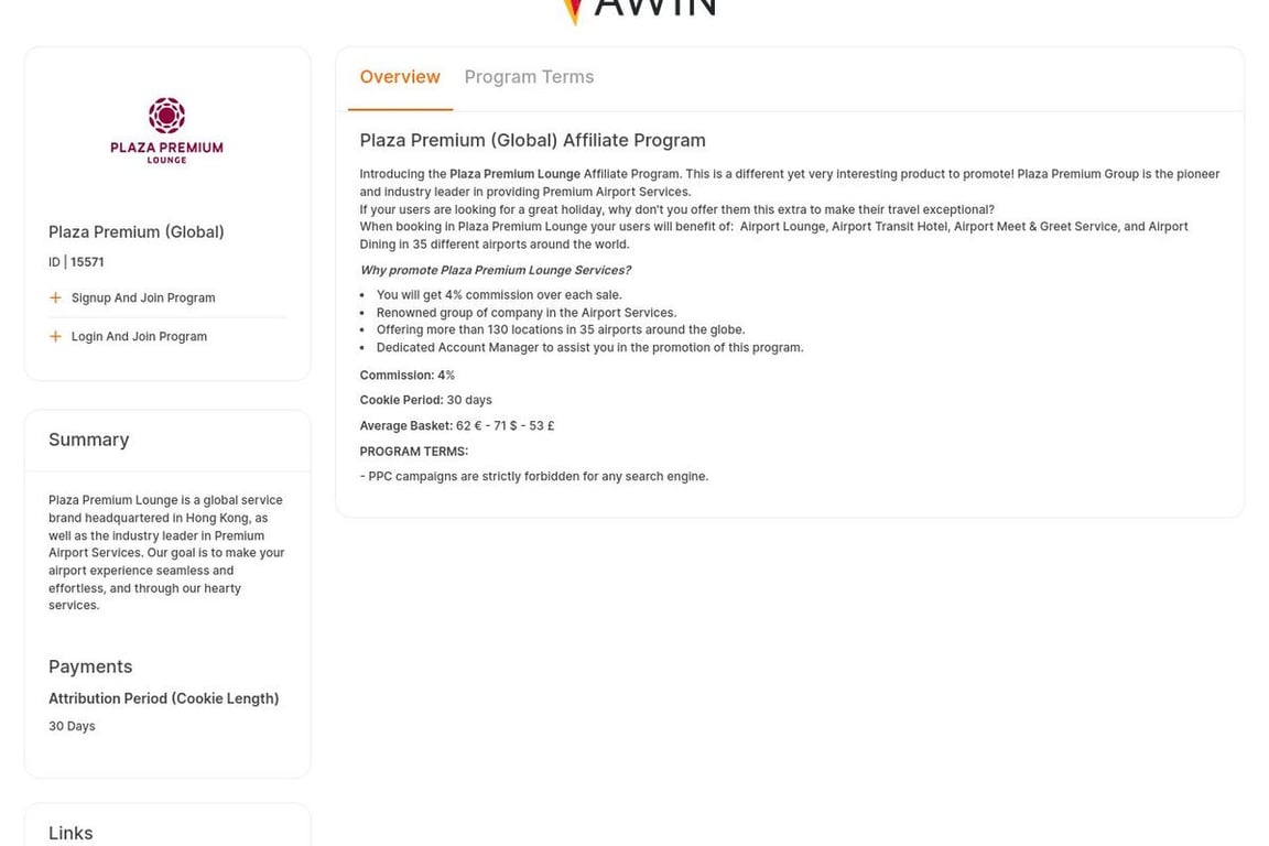 Plaza Premium Lounge affiliate program signup page