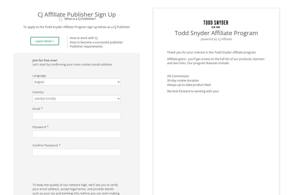 Todd Snyder affiliate program signup page