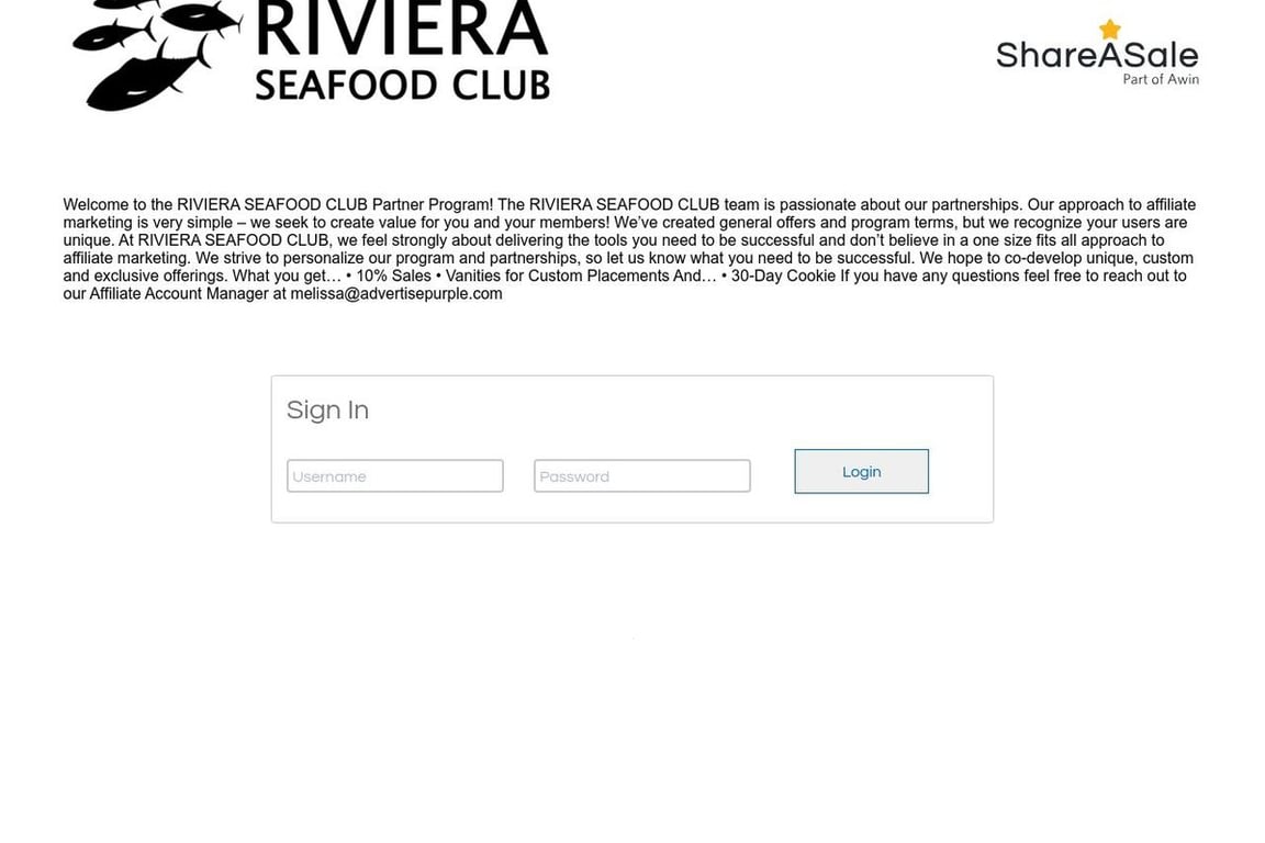 Riviera Seafood Club affiliate program signup page