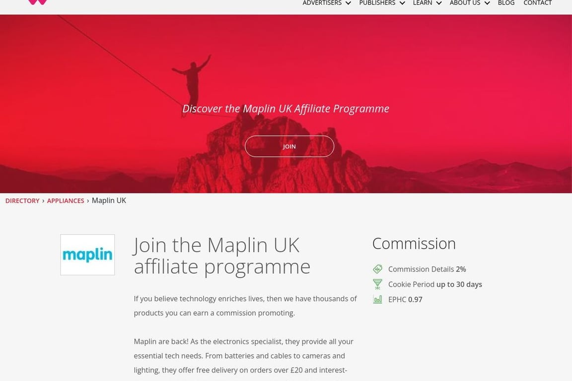 Maplin UK affiliate program signup page