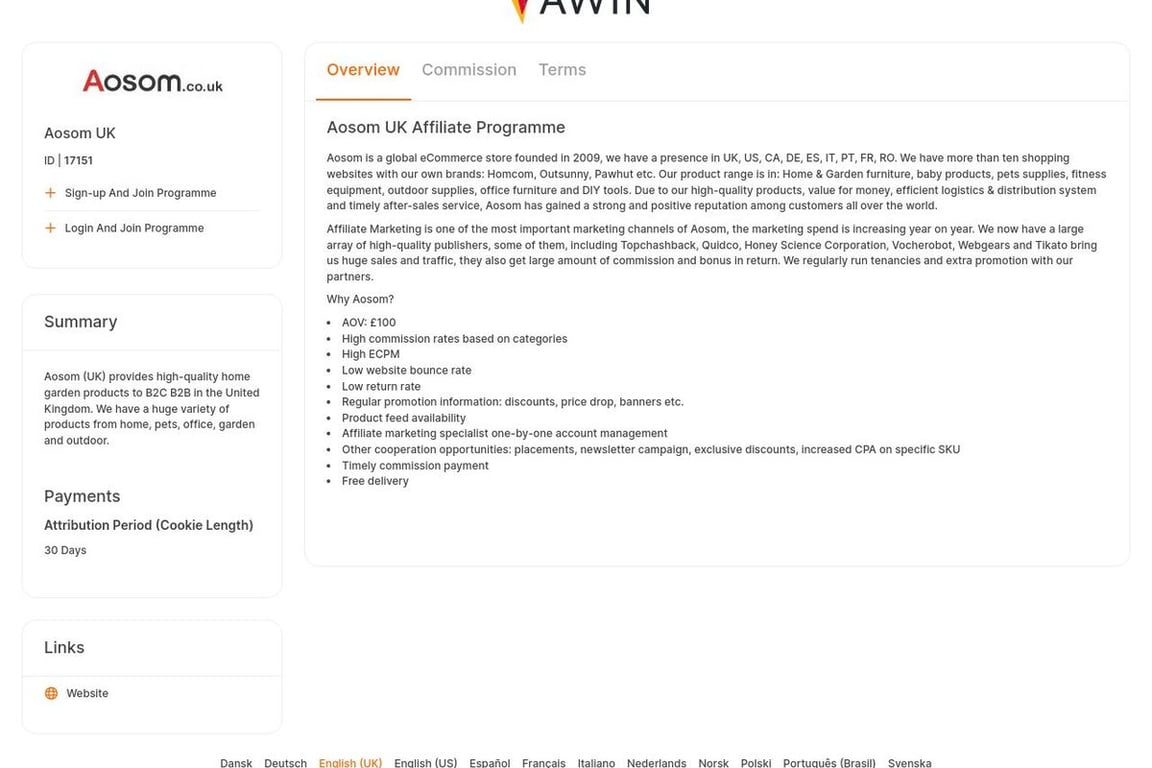 Aosom UK affiliate program signup page