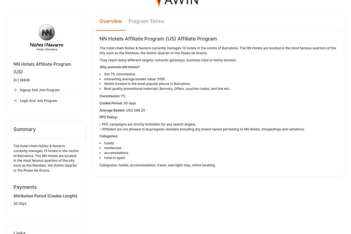 NN Hotels Affiliate Program (US) affiliate program signup page
