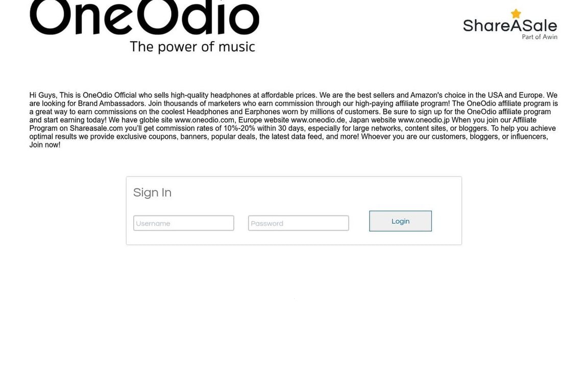 OneOdio affiliate program signup page