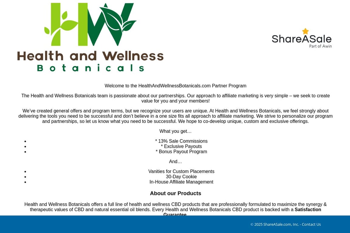 Health and Wellness Botanicals affiliate program signup page