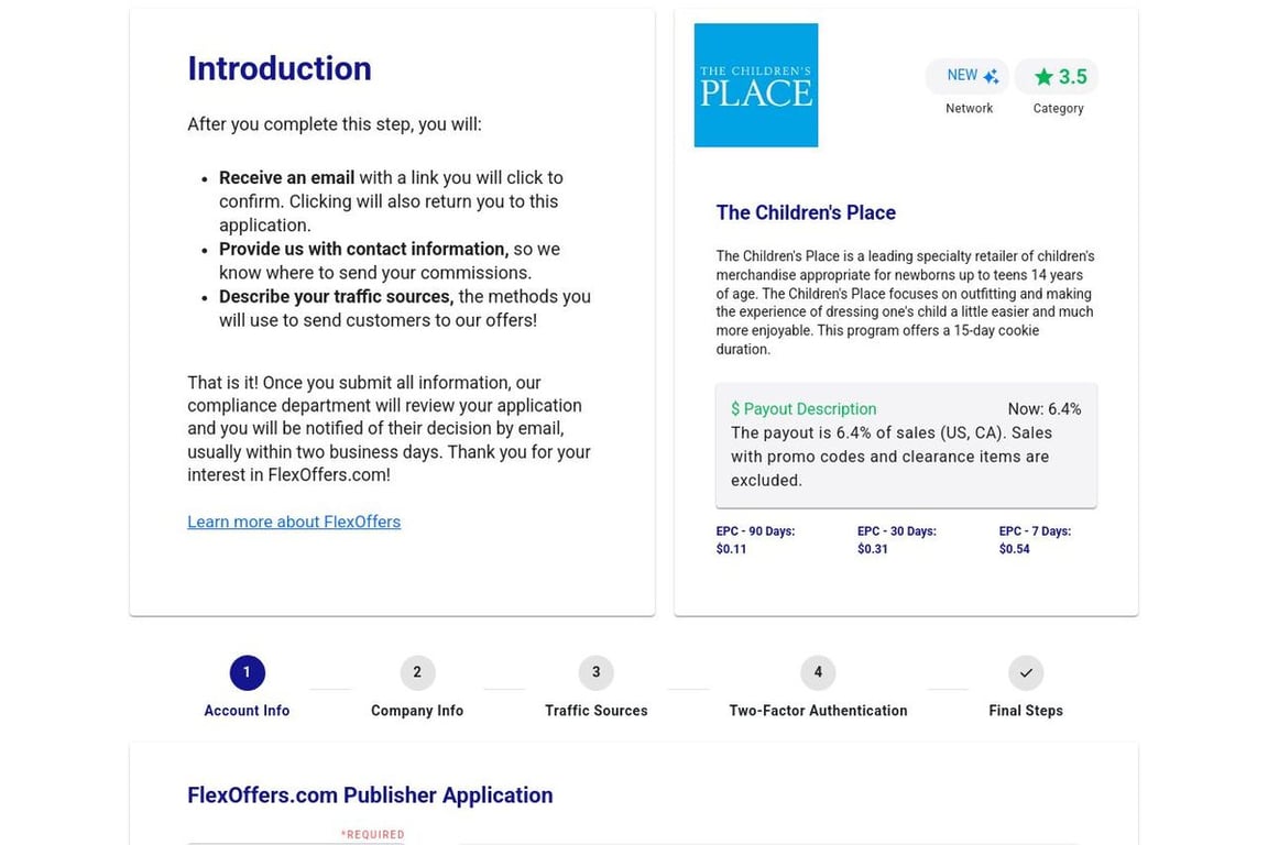 The Children’s Place affiliate program signup page