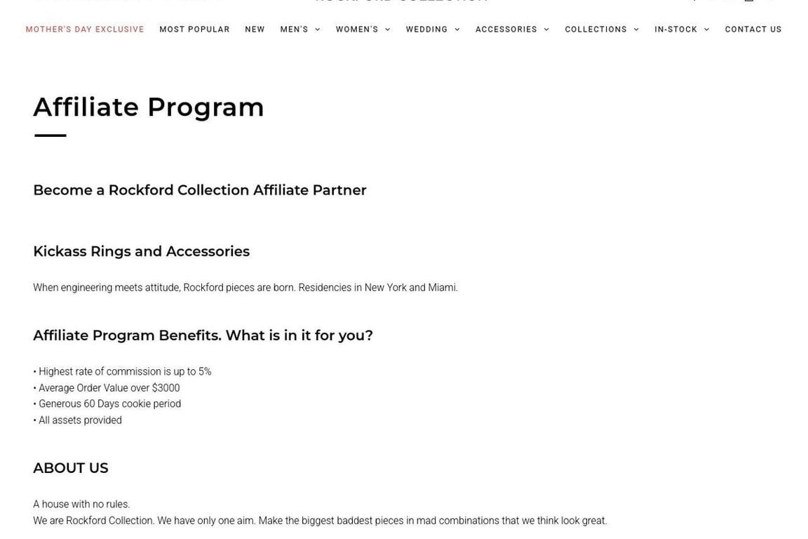 Rockford Collection affiliate program signup page