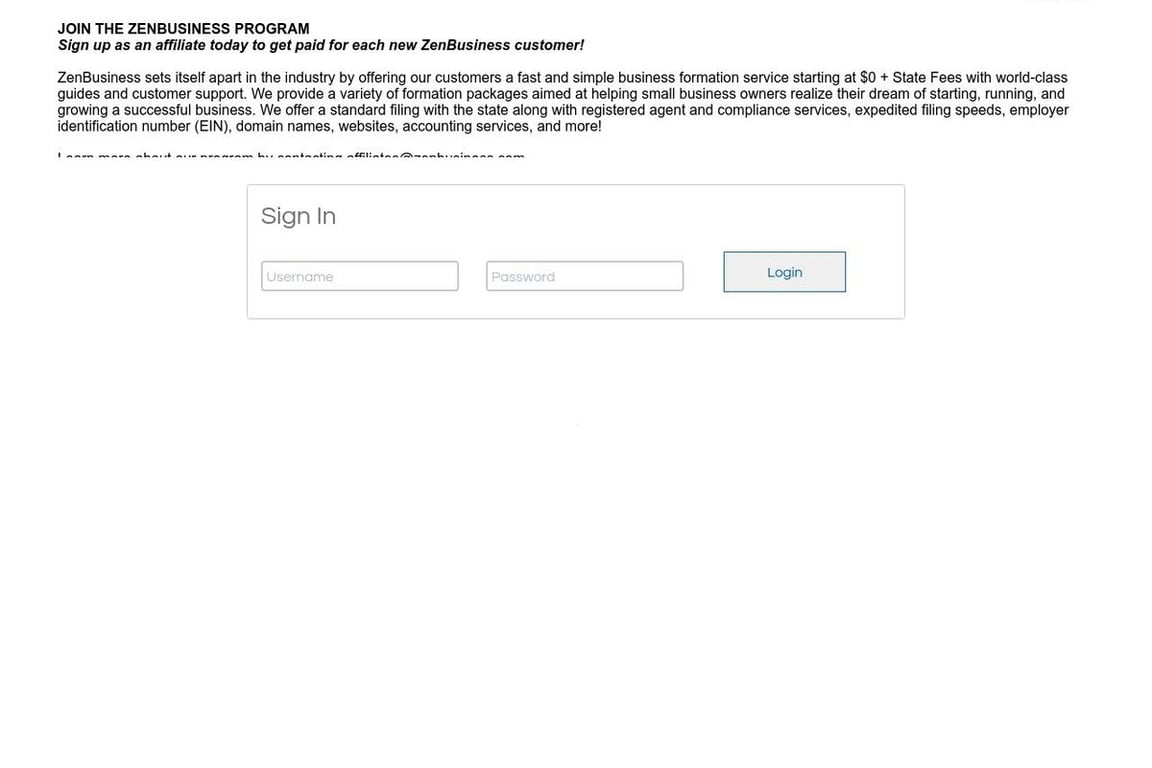 ZenBusiness affiliate program signup page